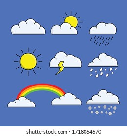 Flat design cloud collection with a variety of weather using a blue background