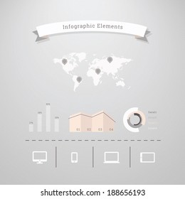 Flat design cloud computing infographic elements with ribbon, world map and diagram for statistics, presentation, brochure - grey, pink version