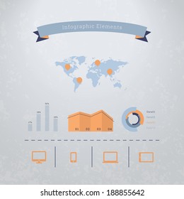 Flat design cloud computing infographic elements with ribbon, world map and diagram for statistics, presentation, brochure - blue, orange version