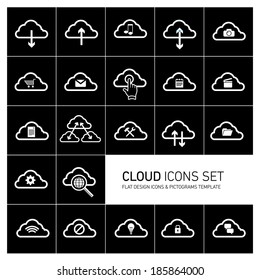 flat design cloud computing technology vector icons and pictograms set white on black background