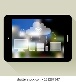 Flat design cloud concept illustration with tablet pc and blurred background, 10 EPS