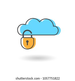 Flat design of cloud protection icon isolated on white background. Concept of outline cloud computing and protecting data. Vector Illustration of clouds and padlock.