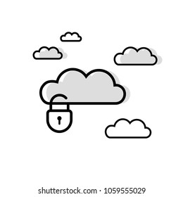 Flat design of cloud protection icon isolated on blue background. Vector Illustration of clouds and padlock.