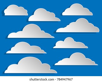 Flat Design Cloudscapes Collection. Set Of White Clouds Collection On Blue Background For Placards, Banners, Presentations, Reports, Card And Wallpaper. Vector Illustration.Paper Art And Craft Style.