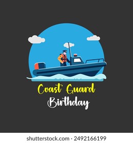 Flat Design Coast Guard Speed Boat Illustration. This flat design illustration features a simple coast guard on a speed boat, perfect for a coast guard themed birthday celebration. Bright and cheerful