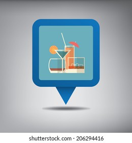 Flat design cocktails and drinks on blue location pin website element. Eps10 vector illlustration.
