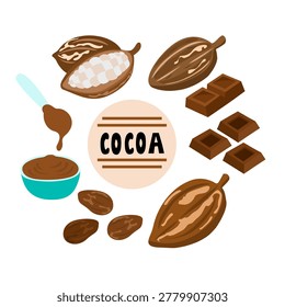 flat design cocoa and chocolate, there are cocoa beans, chocolate fruit and chocolate bars