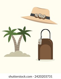 Flat Design Coconut Illustration with Hat,Palm,Valise,Sale Tag