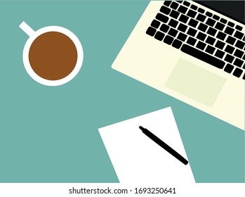 Flat design coffee, note and laptop on the table