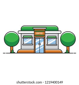 Flat Design Coffee Shop, Design Element For Business, Background, Symbol, Sign And Landmark. Vector Illustration Eps.10