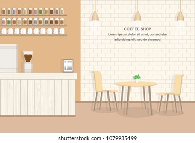 Flat Design Coffee shop Interior Vector Illustration.