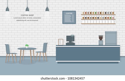 Flat Design Coffee shop Interior Vector Illustration.