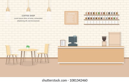 Flat Design Coffee shop Interior Vector Illustration.