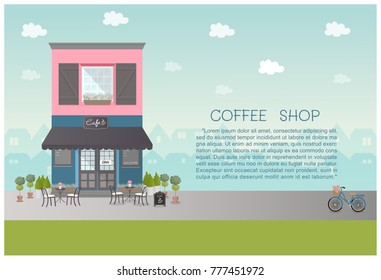 Flat design coffee shop with pink and blue building and city on the background decorated with bicycle, flower, plant and pots. Vector illustration.  
