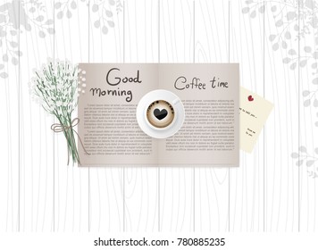 Flat design coffee time on a white wooden table with old book and heart shape coffee. Vector illustration. 