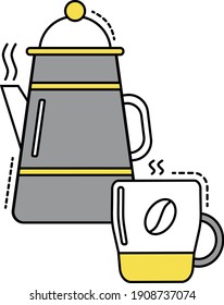 Flat design of coffeepot and cup with coffee. Vector of coffee mug with coffeepot . Breakfast icon. Coffee cup . Outline breakfast logo. 
