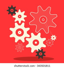 Flat Design Cogs - Gears Vector Illustration in Retro Style on Red Background