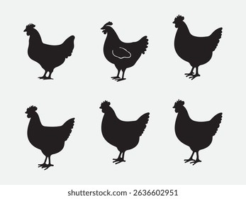 Flat design collection of chicken silhouettes featuring combs beaks and tail details