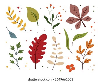 Colección de diseño plano de hojas de otoño y Elementos florales