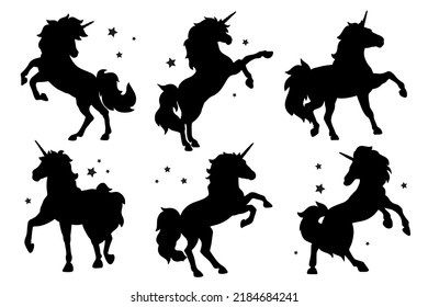 Flat design collection of unicorn silhouette. Magic creature contour set. 