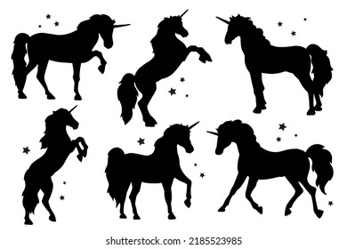 Flat design collection of unicorn silhouette. Magic creature contour set. 