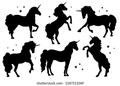 Flat design collection of unicorn silhouette. Magic creature contour set. 