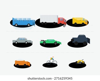 Eine flache Design-Sammlung von verschiedenen Fahrzeugen, darunter ein Bus, LKW, Autos, ein Fahrrad und ein futuristisches Fahrzeug, präsentiert auf weißem Hintergrund.
