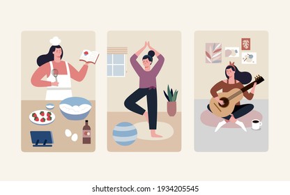 Flat design collection of women enjoying staycation hobbies at home, including baking, exercising, and playing guitar.