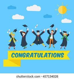 Flat design, College students celebrate graduation.