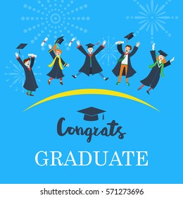 Flat design, College students celebrate graduation.