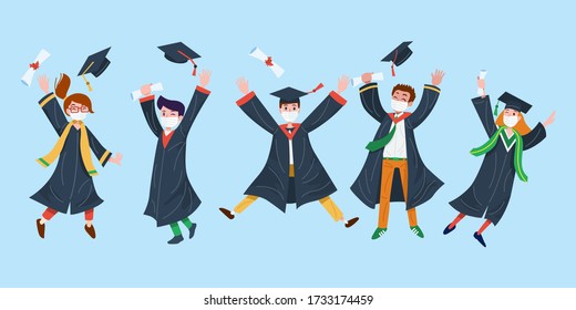 Flat design, College students wearing face masks celebrate graduation. Vector