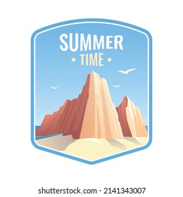 Flat design color emblem with rocks landscape on background with blue sky and flying birds vector illustration