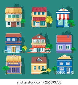 Flat design colored buildings set. Vector illustration