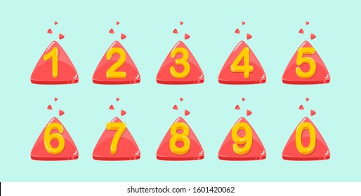 Flat design colored cartoon numbers. Vector set of 0-9 digit baby icons. fun. Set of color numbers. shine. yellow