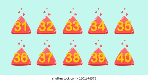 Flat design colored cartoon numbers. Vector set of 31-40 digit baby icons. Set of color numbers.fun. shine. yellow