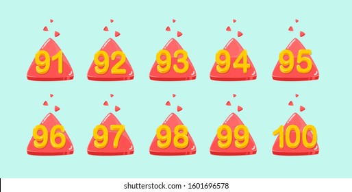 Flat design colored cartoon numbers. Vector set of 91-100 digit baby icons. Set of color numbers.fun. shine. yellow