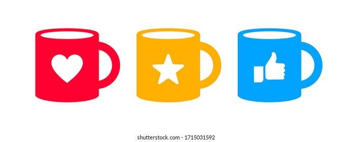 Flat design, colored cups with icons of thumb up, star and heart, vector illustration