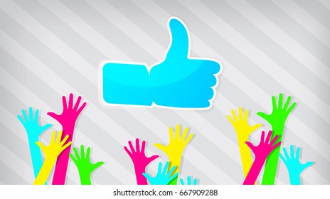 flat design of colored hands with "Like" symbol on a striped background 