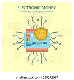 Flat design colored illustration concept for electronic money, mobile banking and online payment isolated on stylish background