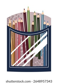 Flat Design Colored Pencils in Box on White Background. Vibrant Artist Set for Drawing, School Projects, and Coloring. Perfect for Stationery Branding, Art Supplies Packaging, and Creative Content