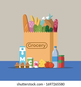 Flat design colored vector illustration of food and drink products falling down into paper bag, concept for retail.