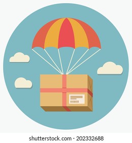 Flat Design Colored Vector Illustration Of Package Flying Down From Sky With Parachute, Concept For Delivery Service