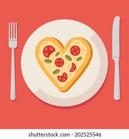 Flat design colored vector illustration of pizza in shape of heart on plate with fork and knife, concept for pizzeria. Isolated on stylish background