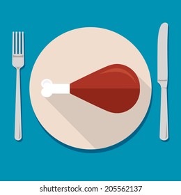 Flat design colored vector illustration of chicken leg on plate isolated on bright background