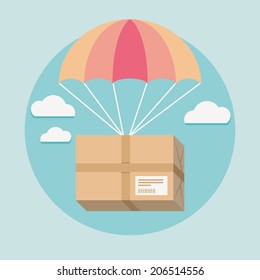 Flat design colored vector illustration of package going down from sky with parachute, concept for delivery service 