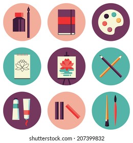 Flat design colored vector illustration set of icons for art supplies, art tools for painting, drawing, sketching isolated on white background 