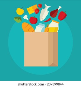 Flat design colored vector illustration of food and drink products falling down into paper bag, concept for retail. Isolated on bright background