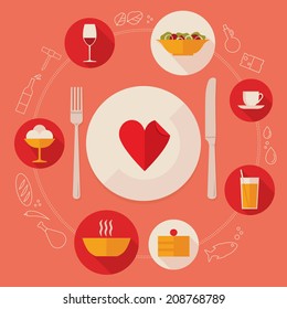 Flat design colored vector illustration concept for restaurant menu, international food and drink, cooking, european cuisine, pleasure of eating isolated on bright background
