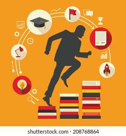 Flat design colored vector illustration of male silhouette running up along stairs of books, concept of education, learning, personal development, successful career start isolated on bright background