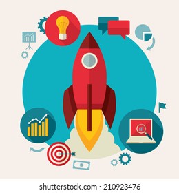 Flat design colored vector illustration concept of startup, starting new project, fulfilling business idea